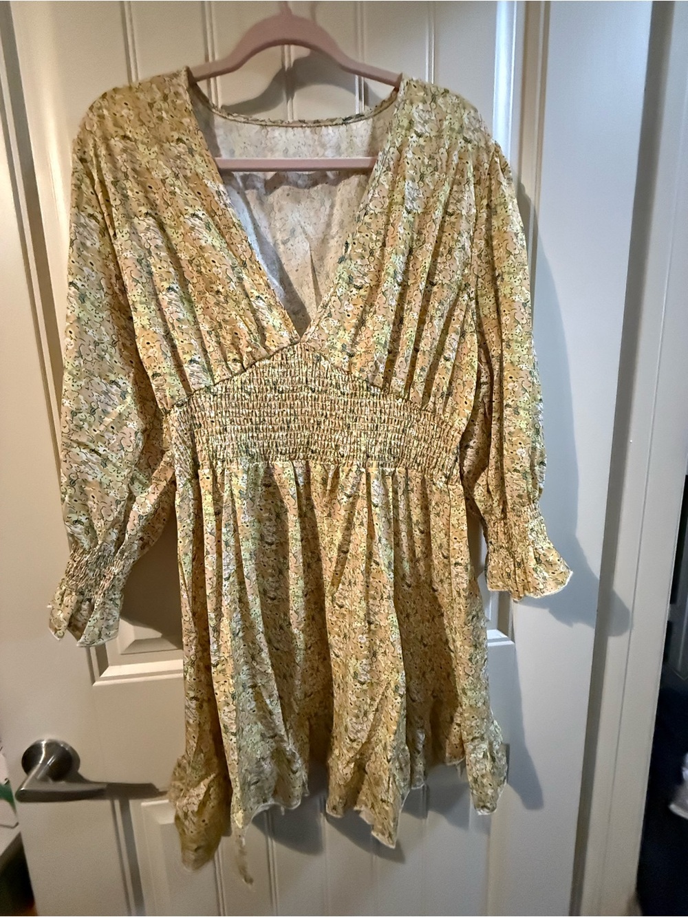 Smocked Floral V-Neck Tunic Dress in Yellow
